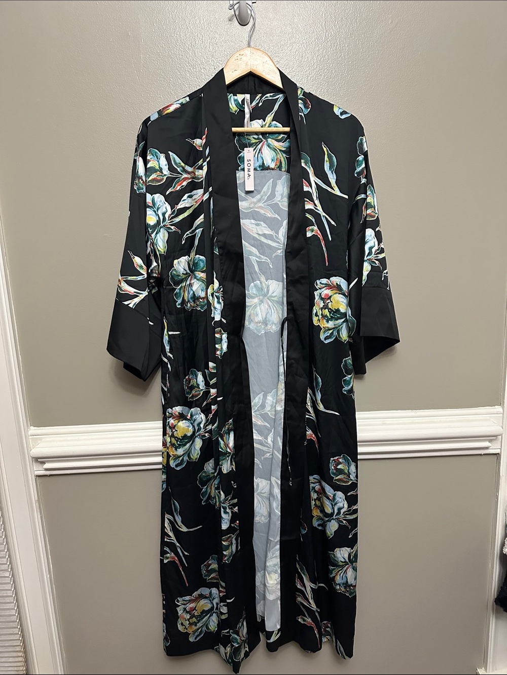 NWT Soma satin long black floral print robe Sz S/M